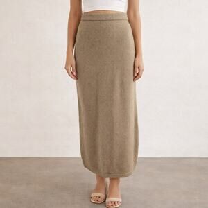 1980s Haberdasher Women's Large Taupe Knit Midi Skirt Button Back Elastic